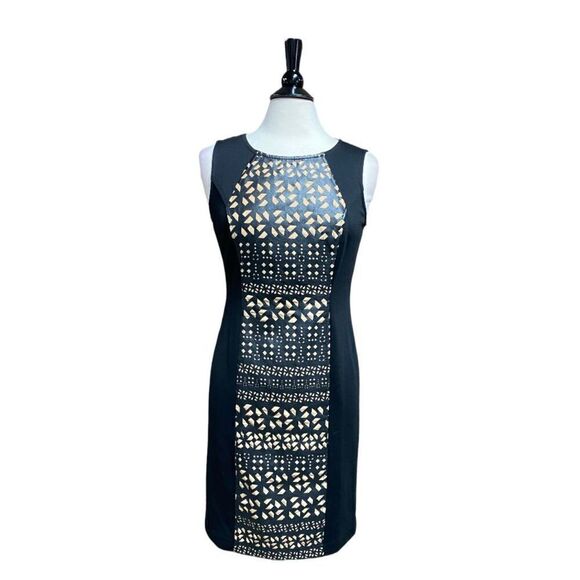 ECI New York Black & Tan Sleeveless W/Faux Leather Panel Front Dress Size 8 NWOT - Picture 1 of 7